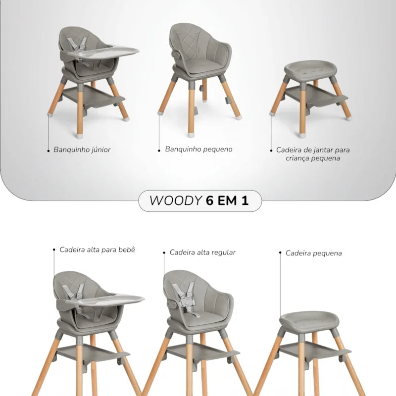 Cadeira Refeição 6 Em 1 Woody Grey - Kika Boo