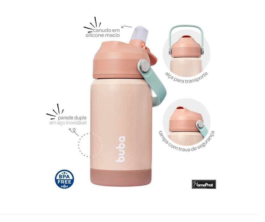 Copo Térmico Parede Dupla Com Canudo Rosa - Buba