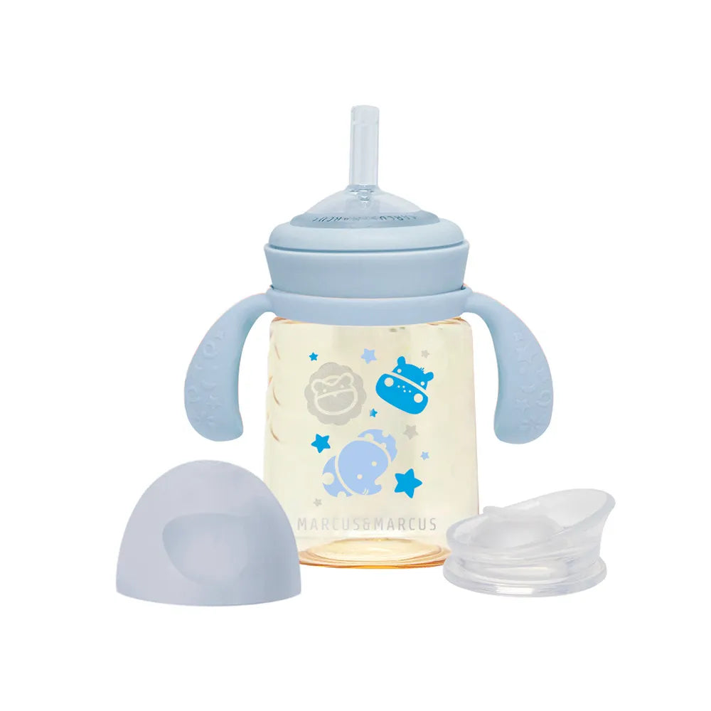 Copo De Transição Bico E Canudo Em Silicone 180ml Azul