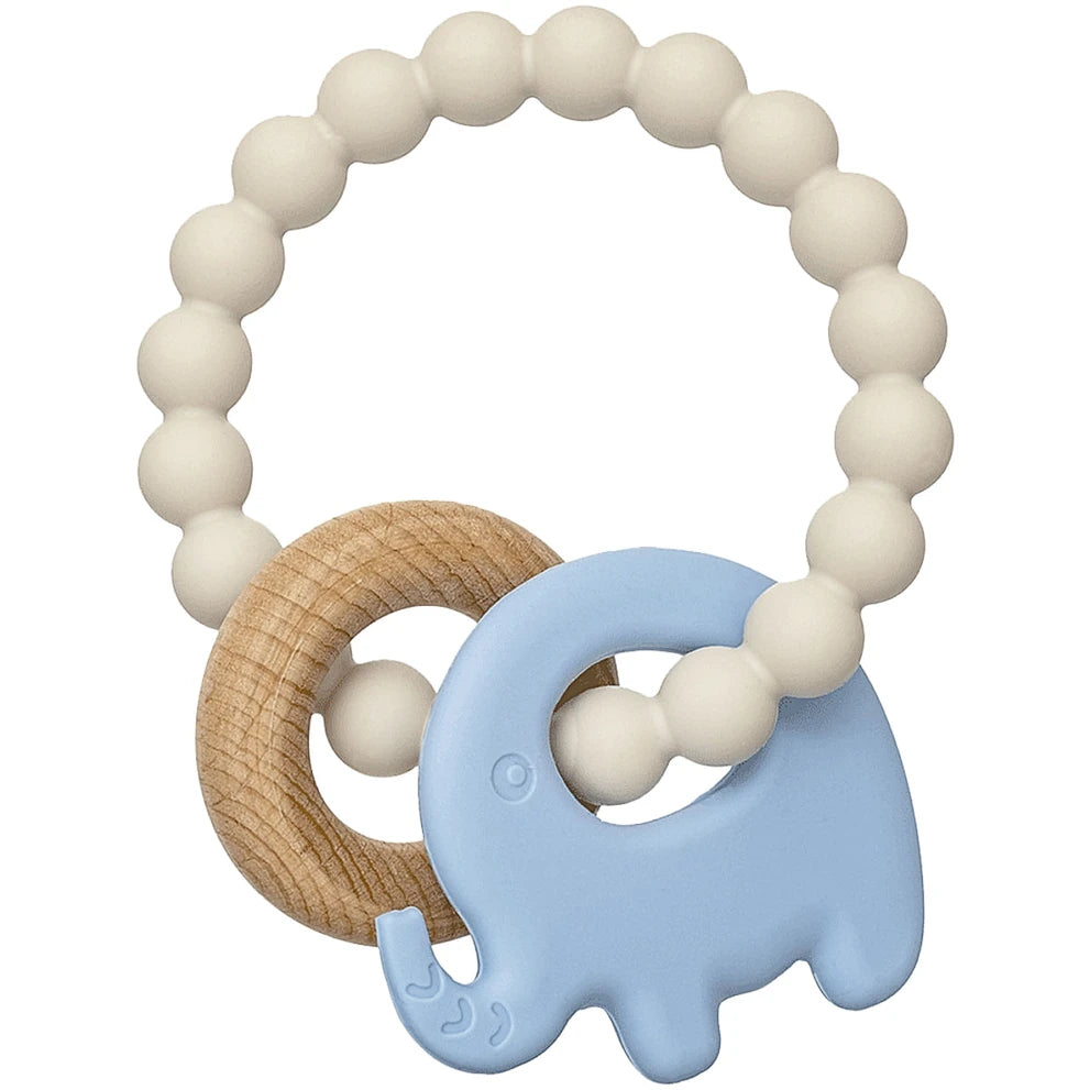 Mordedor Em Silicone E Bambu/elefante Azul - Buba