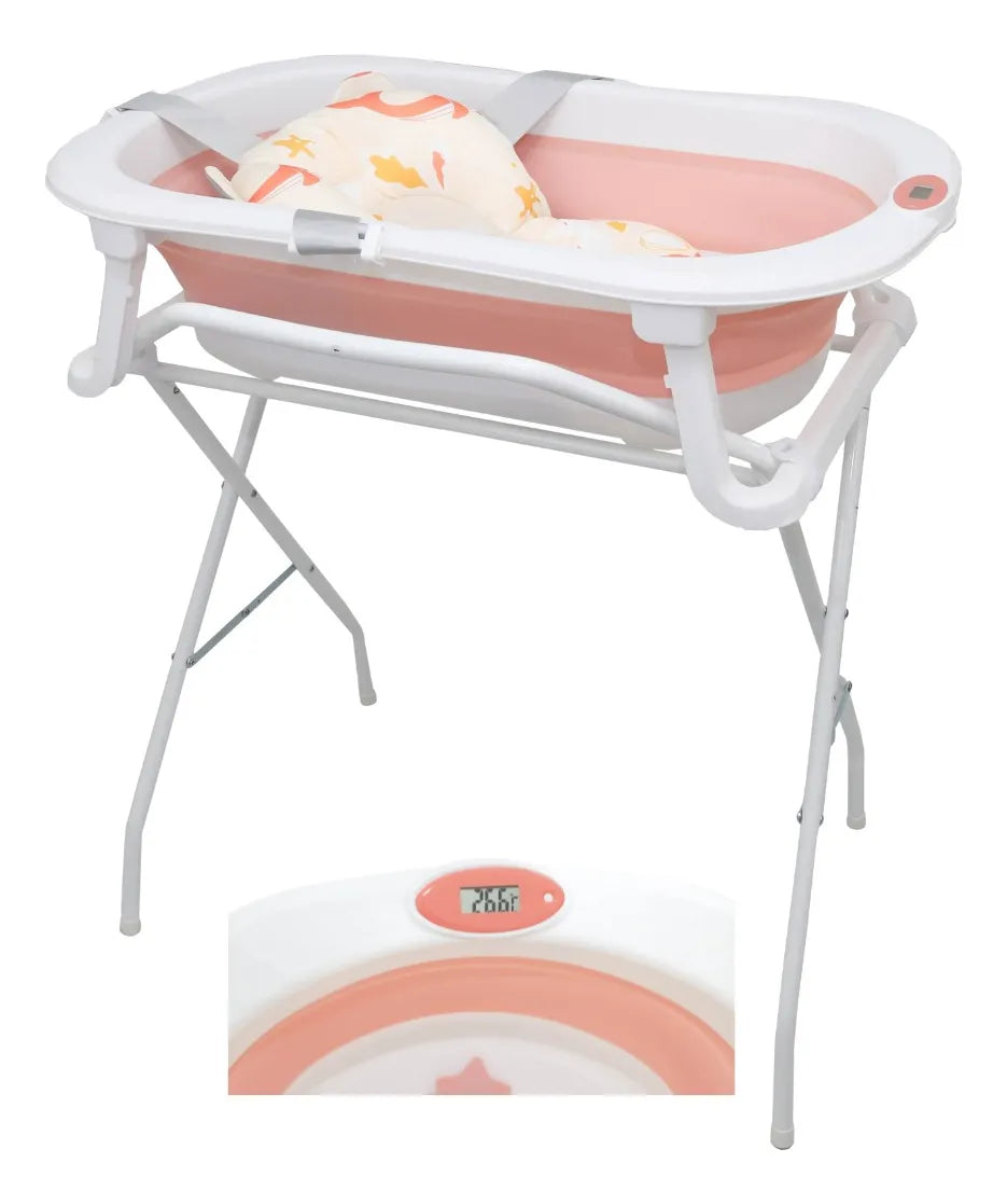Banheira Bubbly Dobrável Com Suporte Rosa - Premium Baby