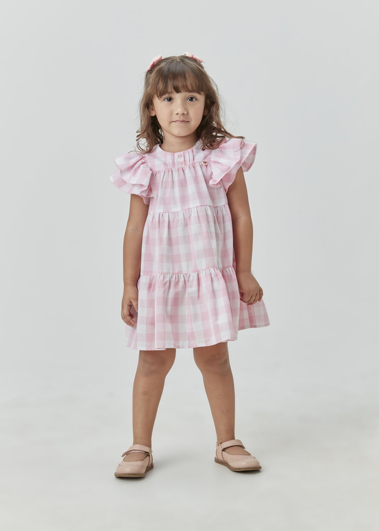 Vestido Midi em Tricoline Xadrez Rosa Claro - Um Mais Um