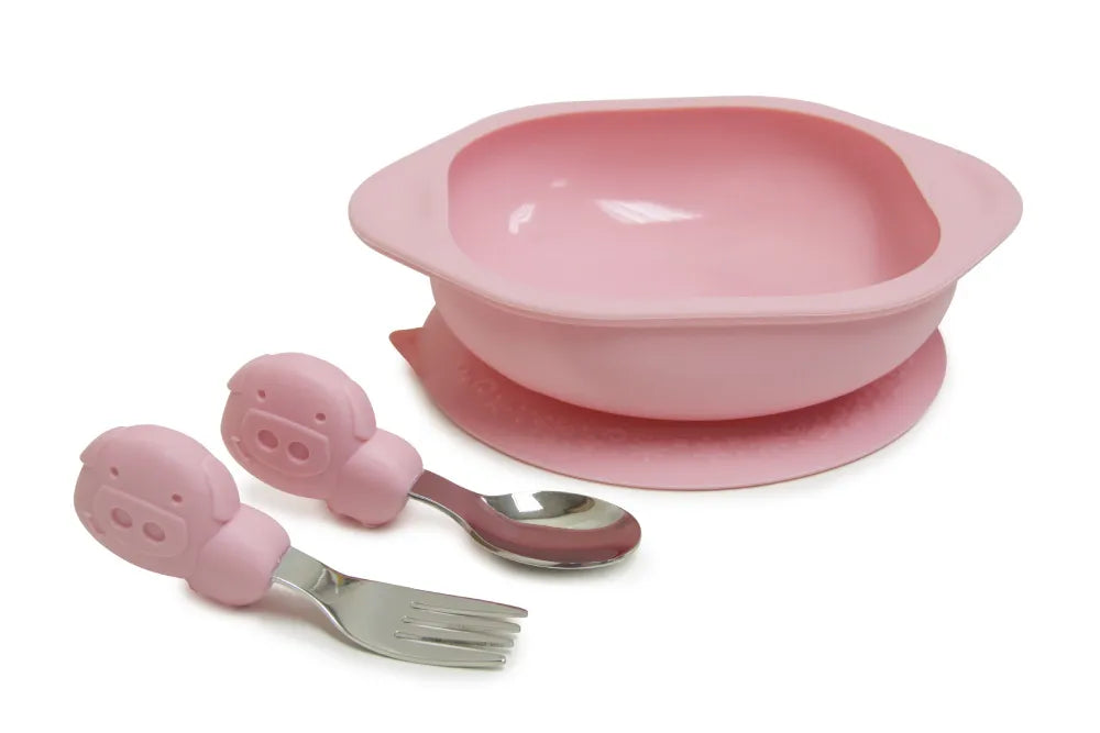 Kit Com Tigela Com Sucção E Primeiro Garfo E Colher Com Inox - Porkinha Porkey