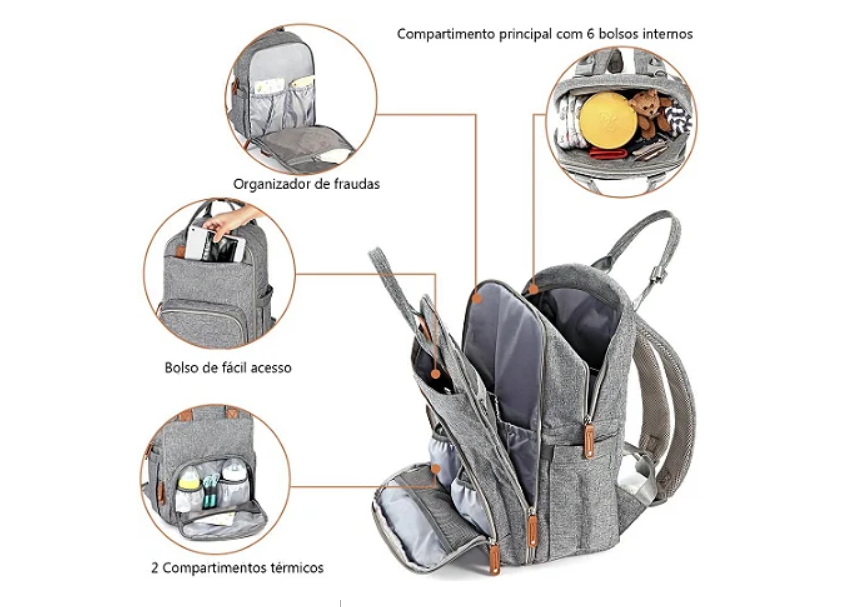 Mochila de Maternidade Alice Cinza Claro - Laço Bebê