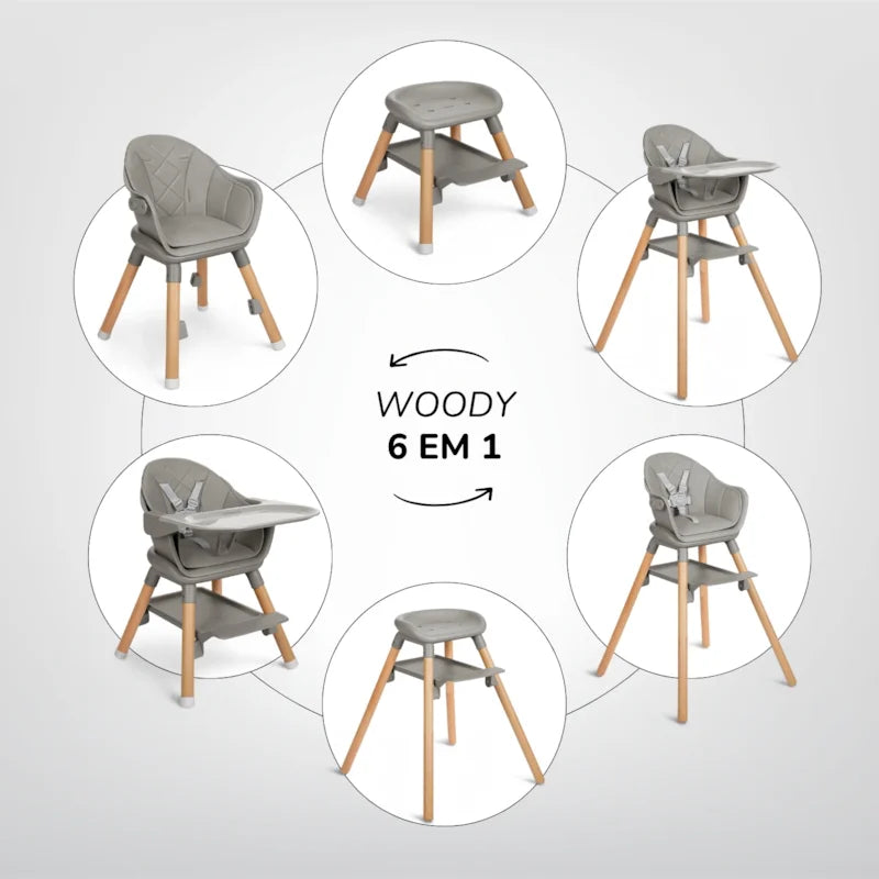 Cadeira Refeição 6 Em 1 Woody Grey - Kika Boo