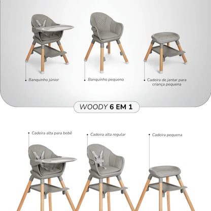 Cadeira Refeição 6 Em 1 Woody Grey - Kika Boo