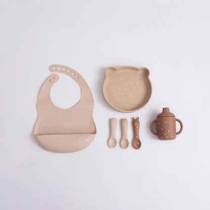 Kit Alimentação 6 Pcs Prato, Copo, Babador 3 Colheres Marrom - Petit Pia