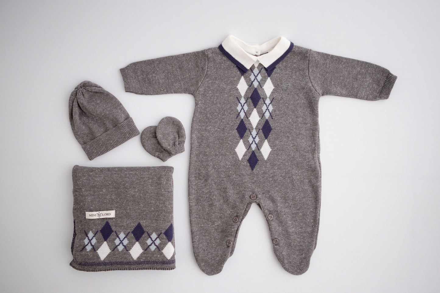 KIT MACACÃO E MANTA TRICOT BEBÊ NICK - MINI LADY MINI LORD