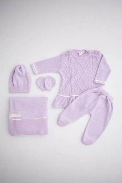 KIT MACACÃO E MANTA TRICOT BEBÊ MIRABEL LILÁS - MINI LADY MINI LORD