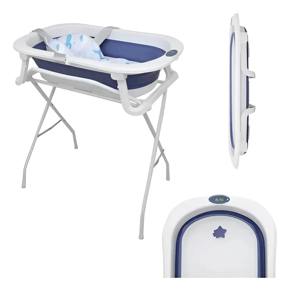 Banheira Bubbly Dobrável Com Suporte Azul - Premium Baby