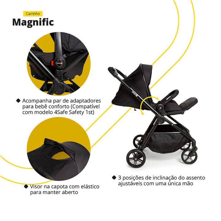 Travel Sistem Carrinho MAGNIFIC 5 EM 1 - FULL BLACK - SAFETY 1ST