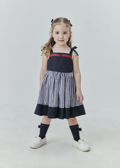 Vestido Midi em Tricoline Zadrez Marinho - Um Mais Um