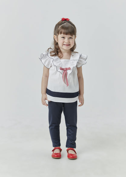 Conjunto Bata em Tricoline com Laço e Calça Marinho - Um Mais Um